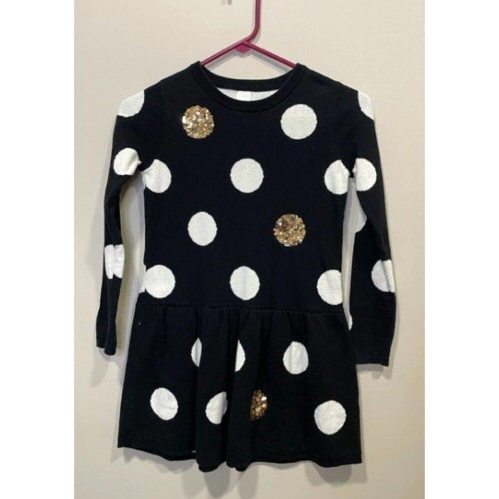 Cat & Jack Dress Girls Size M(7/8) Black White Gold Sequence Polka Dot